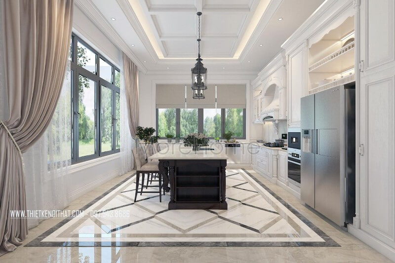 Thiết kế nội thất phòng bếp biệt thự tân cổ điển sang trọng, tiện nghi và bắt mắt với gam màu đen trắng chủ đạo Nội thất phòng bếp
