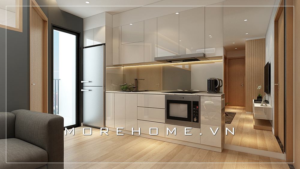 Thiết kế nội thất phòng bếp đơn giản, tone màu trắng chủ đạo tạo nên không gian sáng, thoáng mát và hiện đại hơn Nội thất phòng bếp