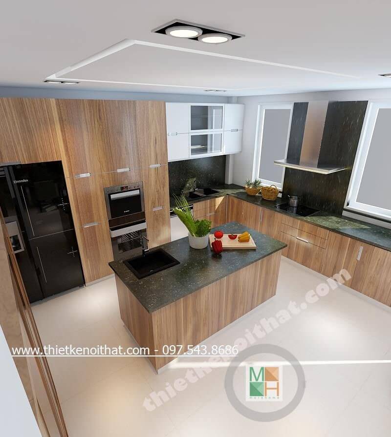 Mẫu tủ bếp gỗ công nghiệp với tone màu nâu sáng hiện đại mang lại không gian thoải mái, sạch sẽ cho người nội trợ Nội thất phòng bếp