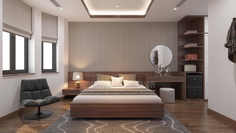 Bạn đang phân vân không biết lựa chọn vật liệu lát sàn phòng ngủ, hãy tham khảo mẫu bố trí nội thất phòng ngủ bởi kts Morehome trên đây, bạn chỉ cần lựa chọn gỗ lát sàn được trải thảm để mỗi khi thức giấc, nhất là vào ngày trời lạnh, đôi chân của bạn vẫn được giữ ấm trên nền thảm ấm áp dễ chịu, cơ thể sẽ không bị sốc nhiệt và sàn gỗ lại càng được ưu tiên vì nó ấm hơn tất cả các loại vật liệu khác vào mùa đông. Thiết kế nội thất biệt thự