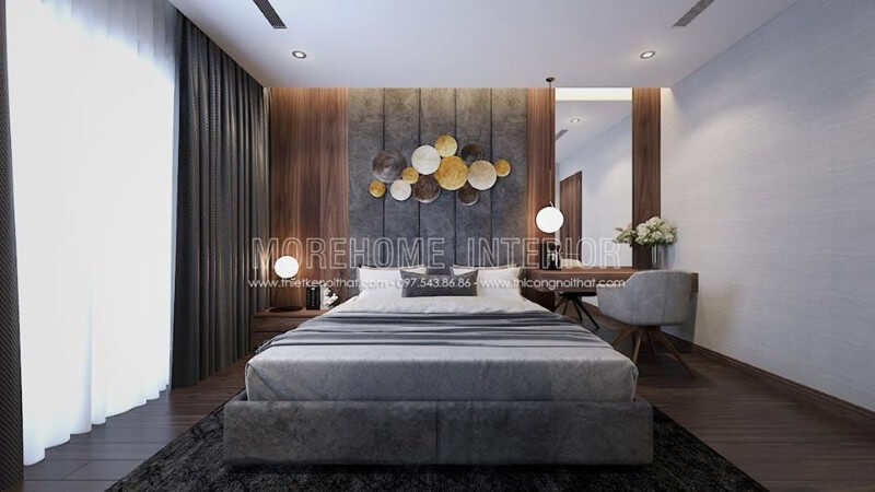 Gỗ ốp đầu giường ấn tượng với đường vân đẹp mắt cùng gam trầm tạo nên vẻ đẹp sang trọng cho phòng ngủ hiện đại. Mẫu nội thất chung cư đẹp