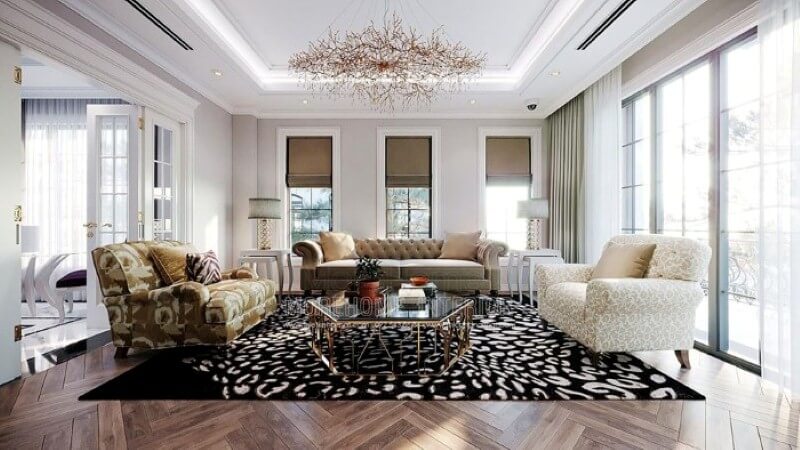 Bộ bàn ghế sofa văng tân cổ điển hoa văn đẹp mắt, sang trọng tạo điểm nhấn ấn tượng cho không gian. Mẫu nội thất biệt thự tân cổ điển
