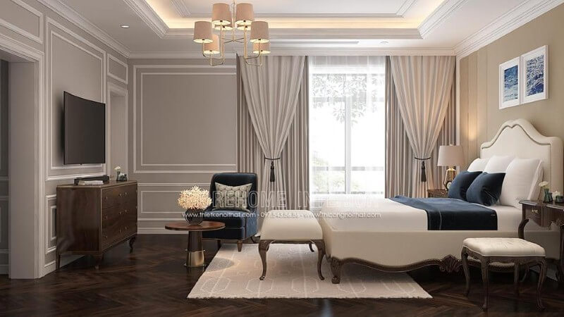 Trang trí nội thất phòng ngủ master gỗ óc chó mang phong cách tân cổ điển sang trọng, độc đáo. Thiết kế phòng ngủ biệt thự