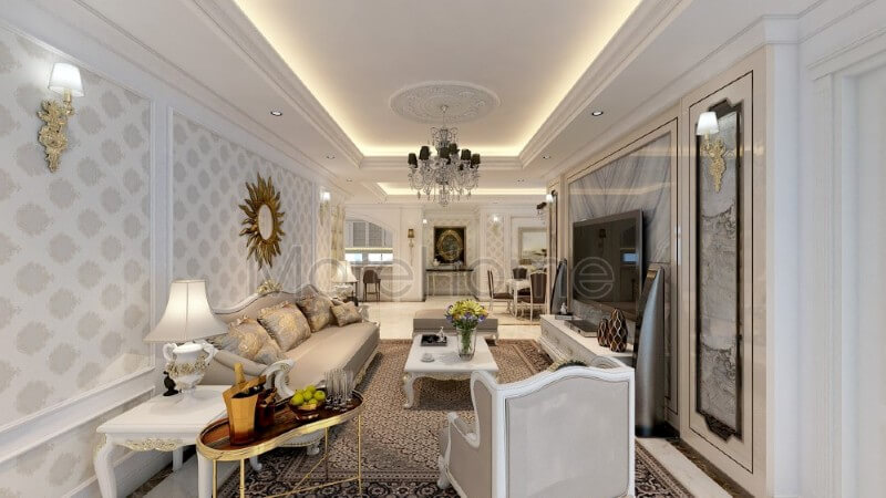 Trang trí nội thất phòng khách chung cư ấn tượng hơn với tone màu trắng sáng được sử dụng tạo điểm nhấn cho các đường nét trạm khắc tinh xảo và khéo léo.