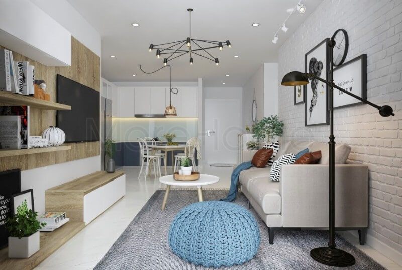 Thiết kế nội thất phòng khách chung cư nhấn mạnh đến các chi tiết nhỏ, từ đó gợi một cảm giác hoang dã, tự nhiên, mộc mạc mà vô cùng gần gũi