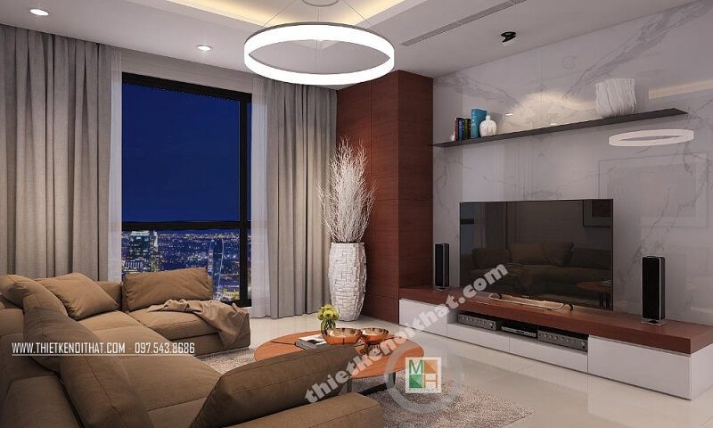 Thiết kế phòng khách hiện đại tận dụng tối đa lợi thế về không gian và ánh sáng với sự xuất hiện của bộ sofa vải tạo điểm nhấn nổi bật cho căn phòng