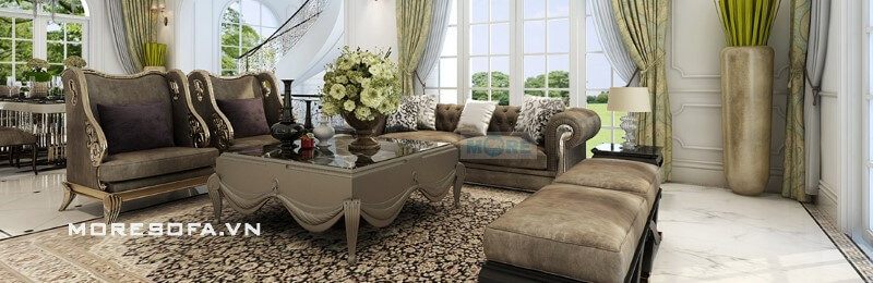 Mẫu sofa với các hoa văn chi tiết chạm trổ tỉ mỉ khéo léo phong cách Tân cổ điển đem đến nét đẹp độc đáo riêng cho sản phẩm