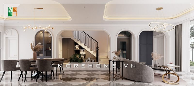 Mẫu thiết kế phòng ăn liền phòng khách phong cách tân cổ điển dành cho chung cư, biệt thự, với hệ thống đèn thả và trần giật cấp, giúp phân chia khu vực sinh hoạt rõ ràng mà tinh tế