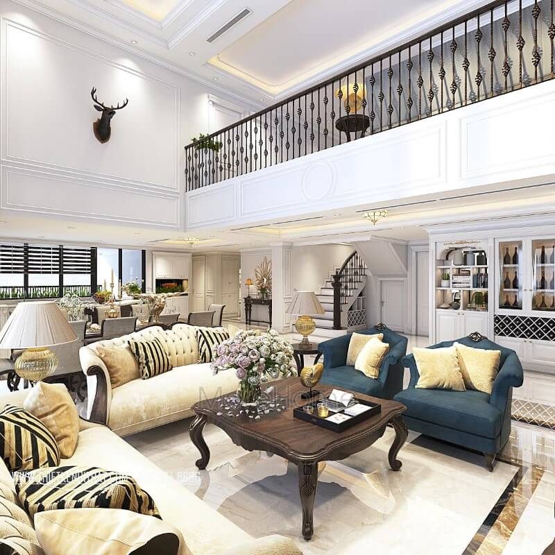 Mẫu bàn trà gỗ óc chó tự nhiên nhập khẩu theo phong cách tân cổ điển đẹp được sử dụng trong phòng khách của căn hộ duplex thanh xuân hà nội.