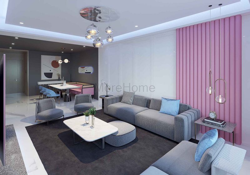 Nội thất phòng khách hiện đại được thiết kế bằng các tone màu gợi cảm ghi-hồng, tạo nên một không gian hài hòa và nhẹ nhàng.