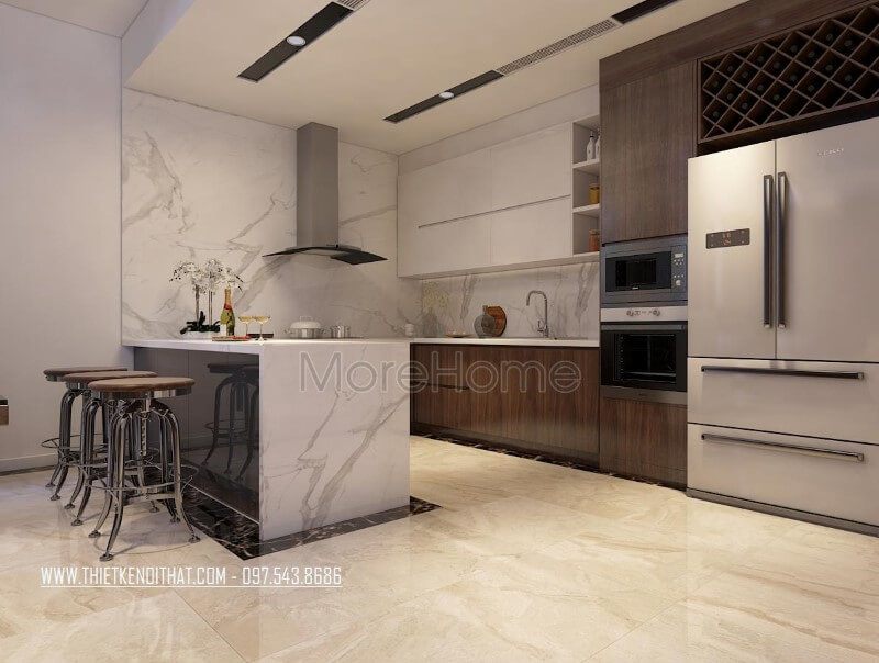 bar. Quầy bar bếp được thiết kế đơn giản với 3 ghế ngồi và được trang bị bởi một lớp đá nhân tạo màu đen ốp lên mặt bên của nó.